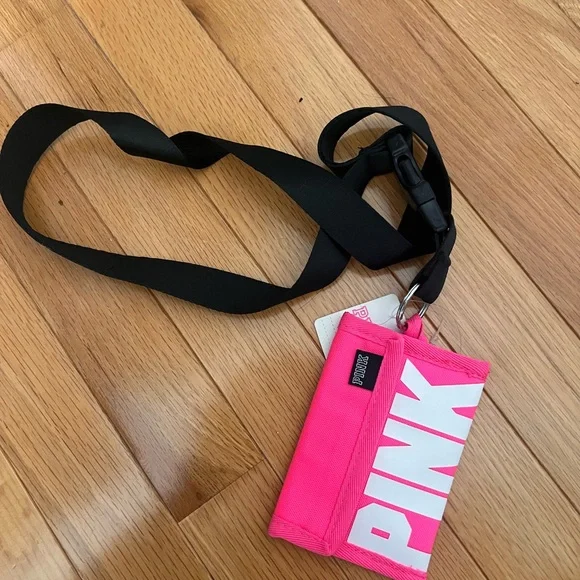 PINK Victoria's Secret Bright Pink ID Holder with Black Lanyard - Picture 1 of 5